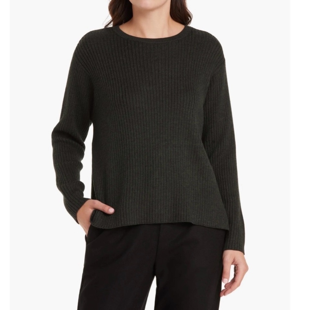 Eileen Fisher merino wool ribbed crewneck sweater Charcoal gray Women 1X Luxury